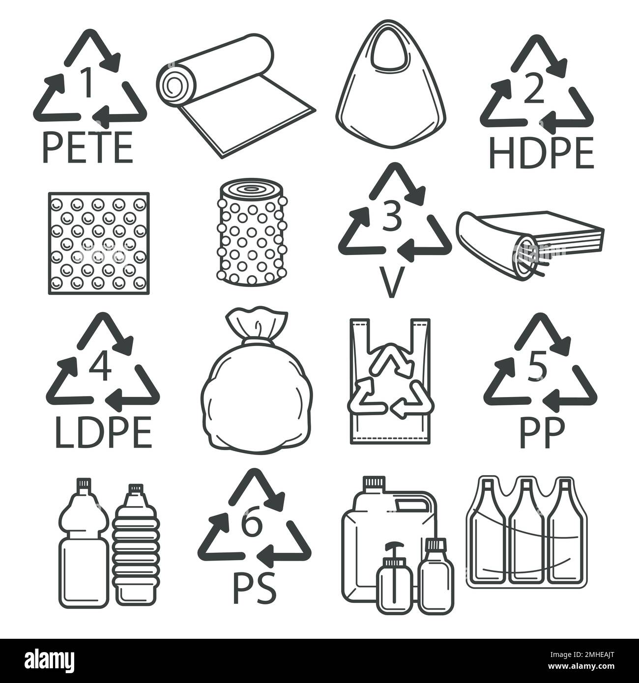 Packaging symbols, recycling isolated icons, plastic wrapping, packing
