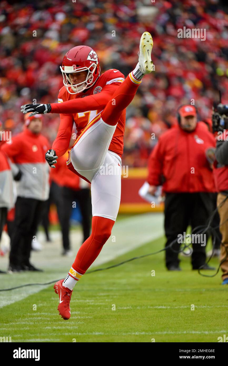 Kansas City Chiefs kicker Harrison Butker (7) performs a kickoff