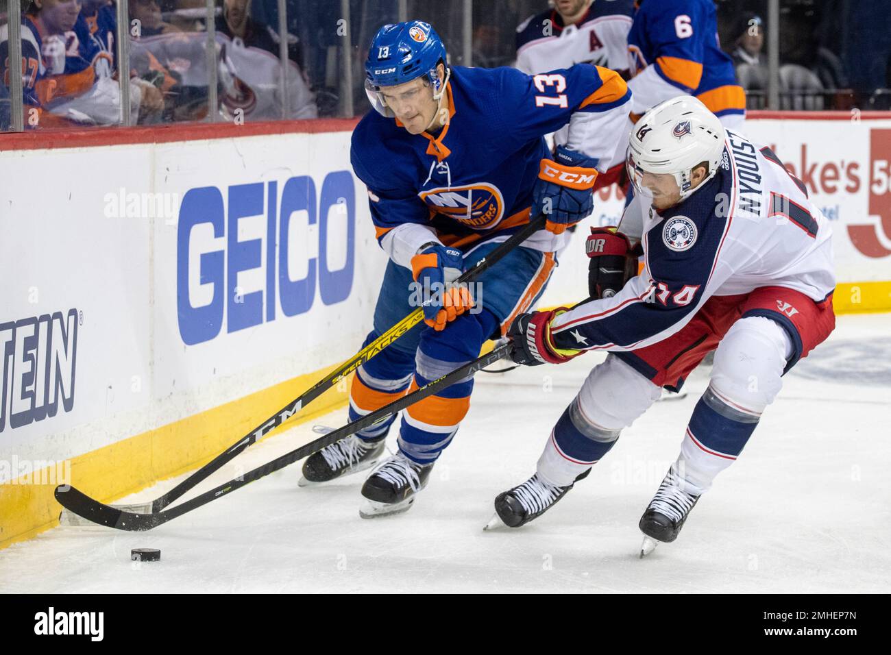 New York Islanders center Mathew Barzal (13) wears a Hockey Fights