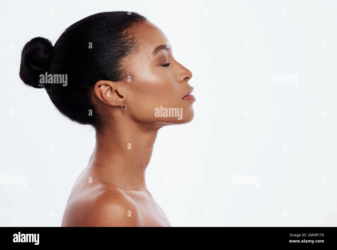Black woman, facial profile and beauty in studio, isolated white background and mockup. Female
