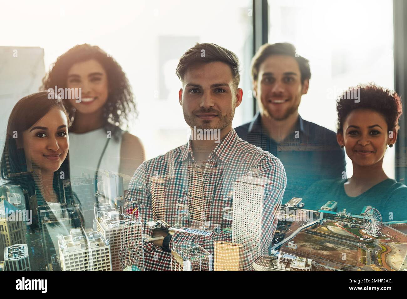 Office, portrait and business people with city overlay with success ...