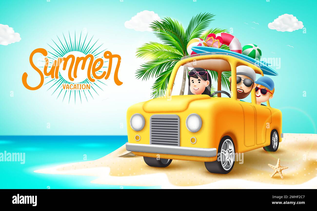 Summer vacation vector design. Summer text with family characters riding a yellow car in sand island. Vector illustration beach travel sea scape. Stock Vector