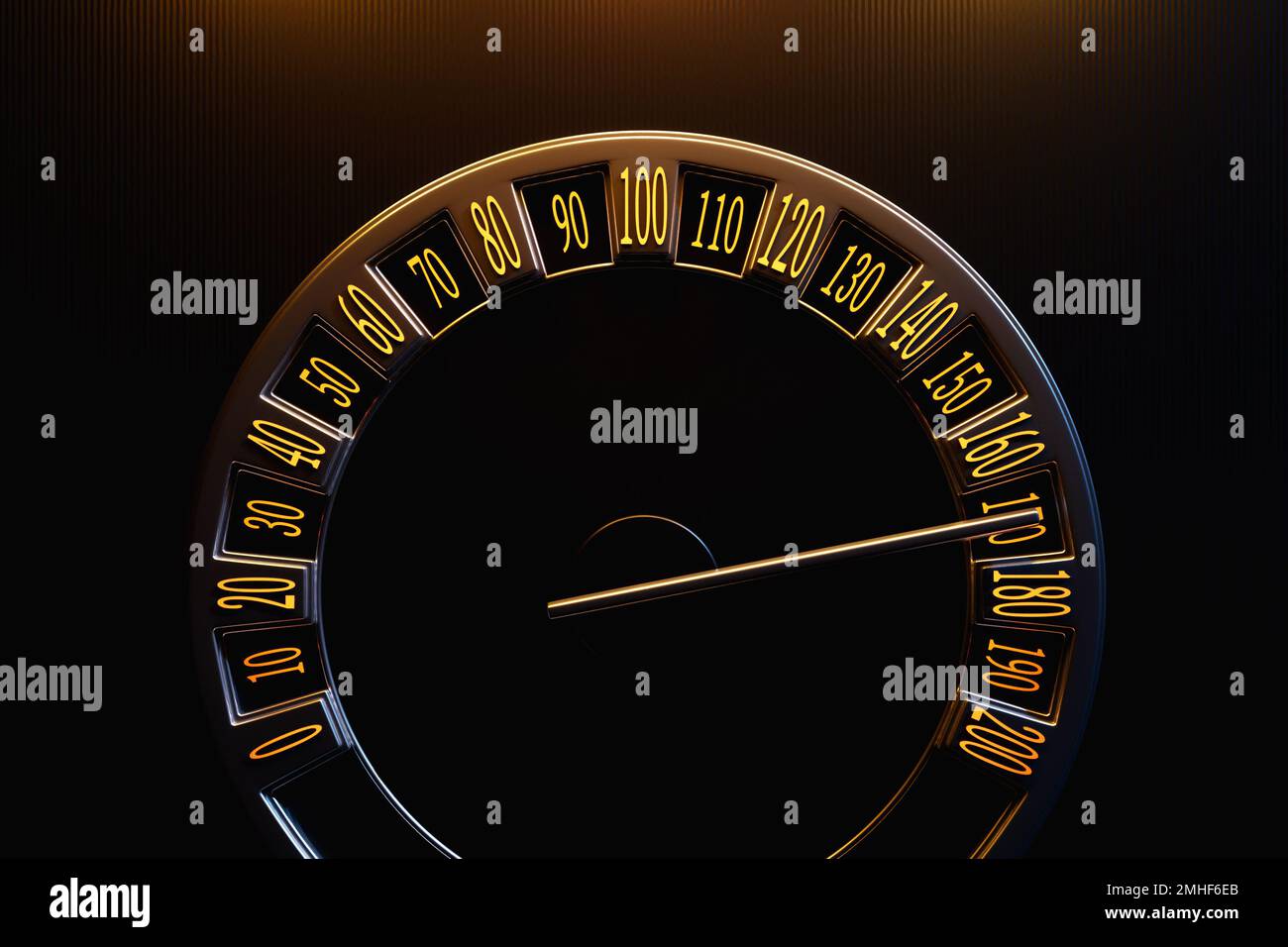 3D illustration close up black car panel, digital bright tachometer