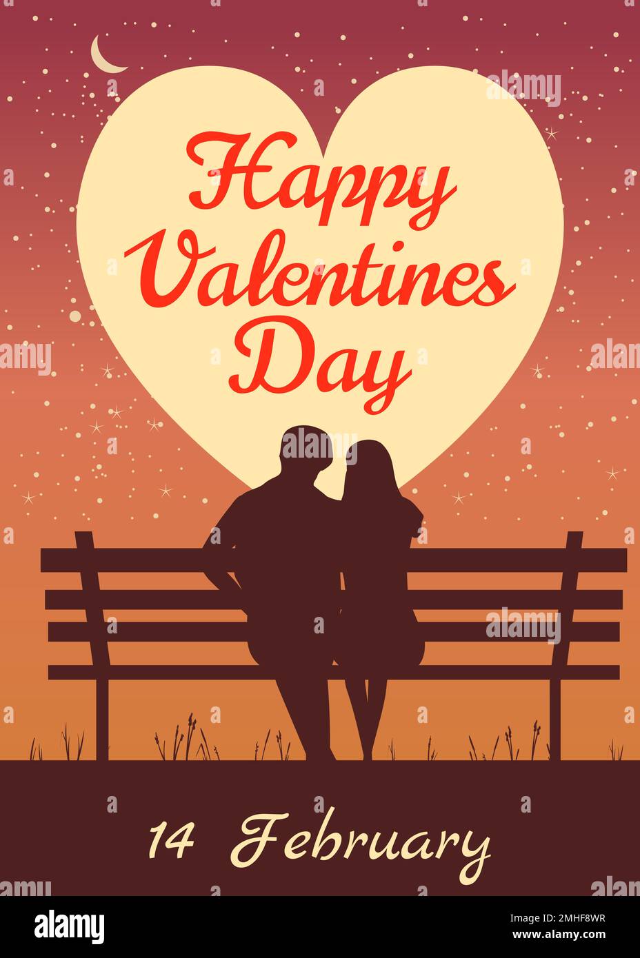 Happy Valentines Day poster, retro. Silhouette loving couple on the ...
