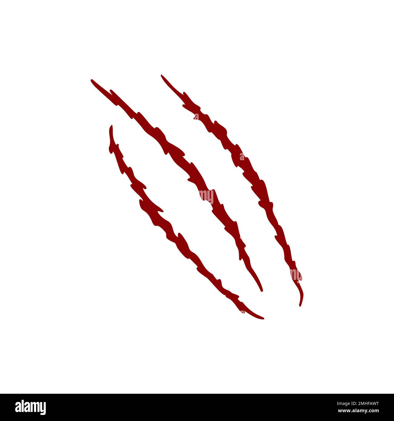 Blood scratch claws mark of wild animal. Monster or dinosaur talons trace. Red sharp torn edges texture isolated on white background. Scary symbol on the wall. Vector flat illustration Stock Vector