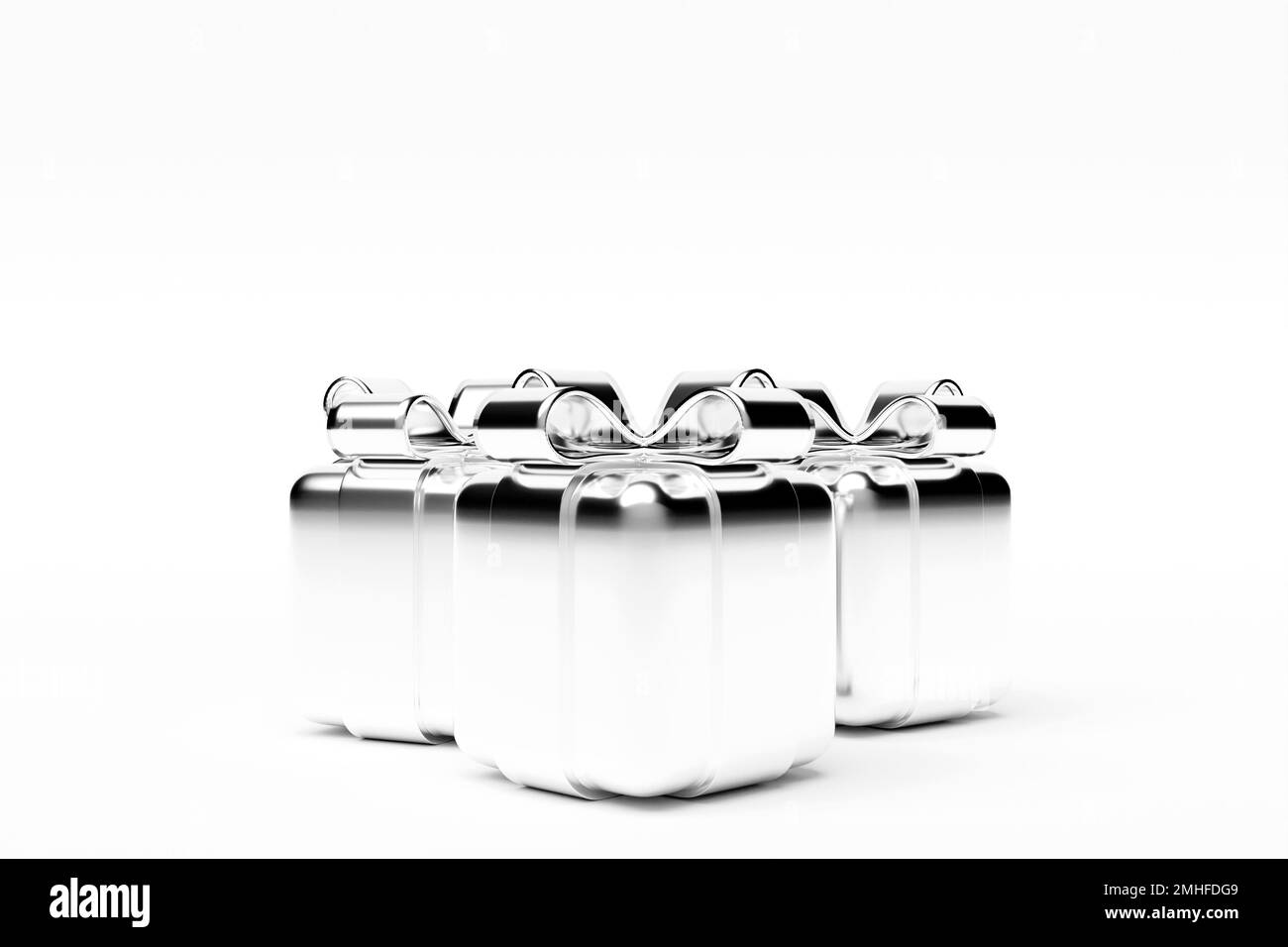 3d illustration of gift in a silver beautiful packaging box, a satin ...