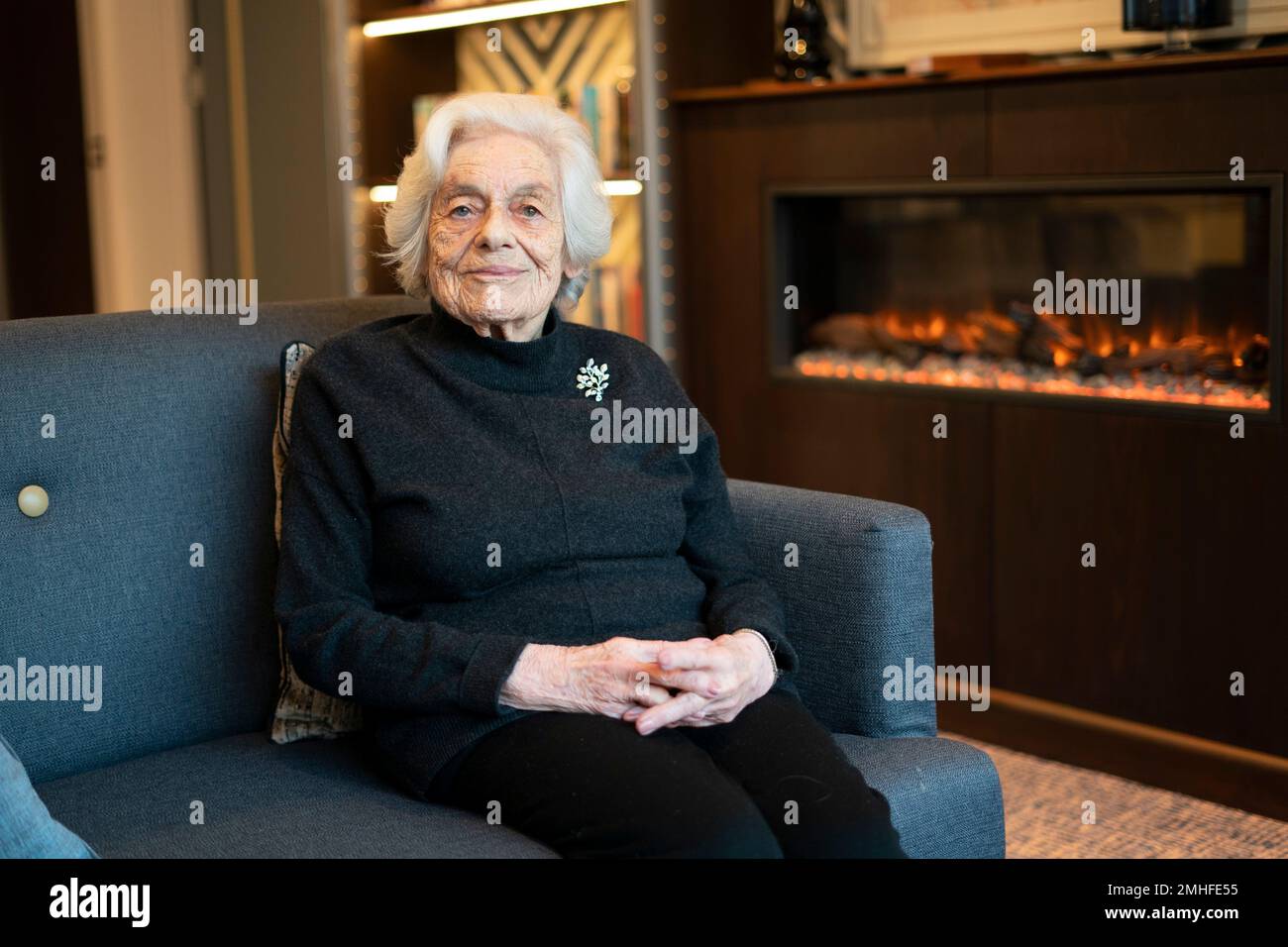 Holocaust survivor Vera Schaufeld at her home in north London, ahead of Holocaust Memorial Day. Vera was born in Prague in 1930 and transported via the Kindertransport to the UK in 1939 where she lived with a family in Bury St Edmunds. Her father was the head of the Jewish community in the small town she grew up in and none of her family who remained in central Europe survived the war. Vera went on to train as a teacher. Picture date: Thursday January 26, 2023. Stock Photo