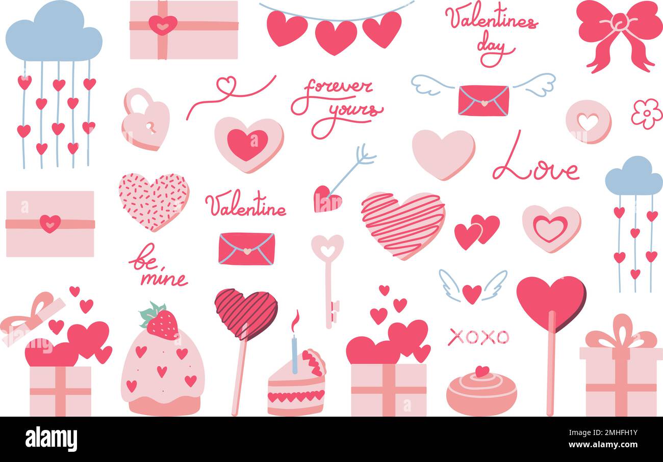 Valentines day vector hand drawn set of doodles. Cute romantic love icons for anniversary, wedding. Lettering text, sweets, presents and gifts collection Stock Vector