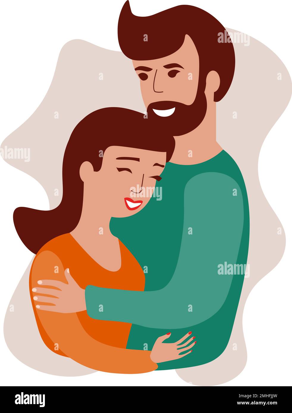 Valentines day greeting card with young couple on abstract shape background drawing in flat style Stock Vector
