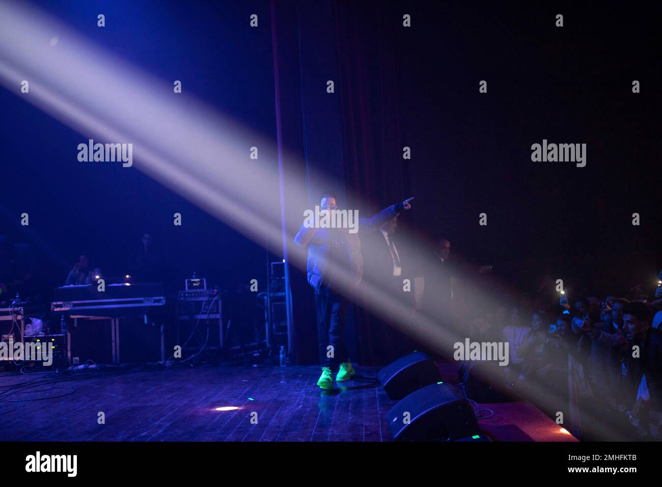 In this Friday, Nov. 22, 2019 photo, Moroccan rapper Madd performs at a rap  concert as part of the Visa for Music festival in Rabat, Morocco. (AP  Photo/Mosa'ab Elshamy Stock Photo -