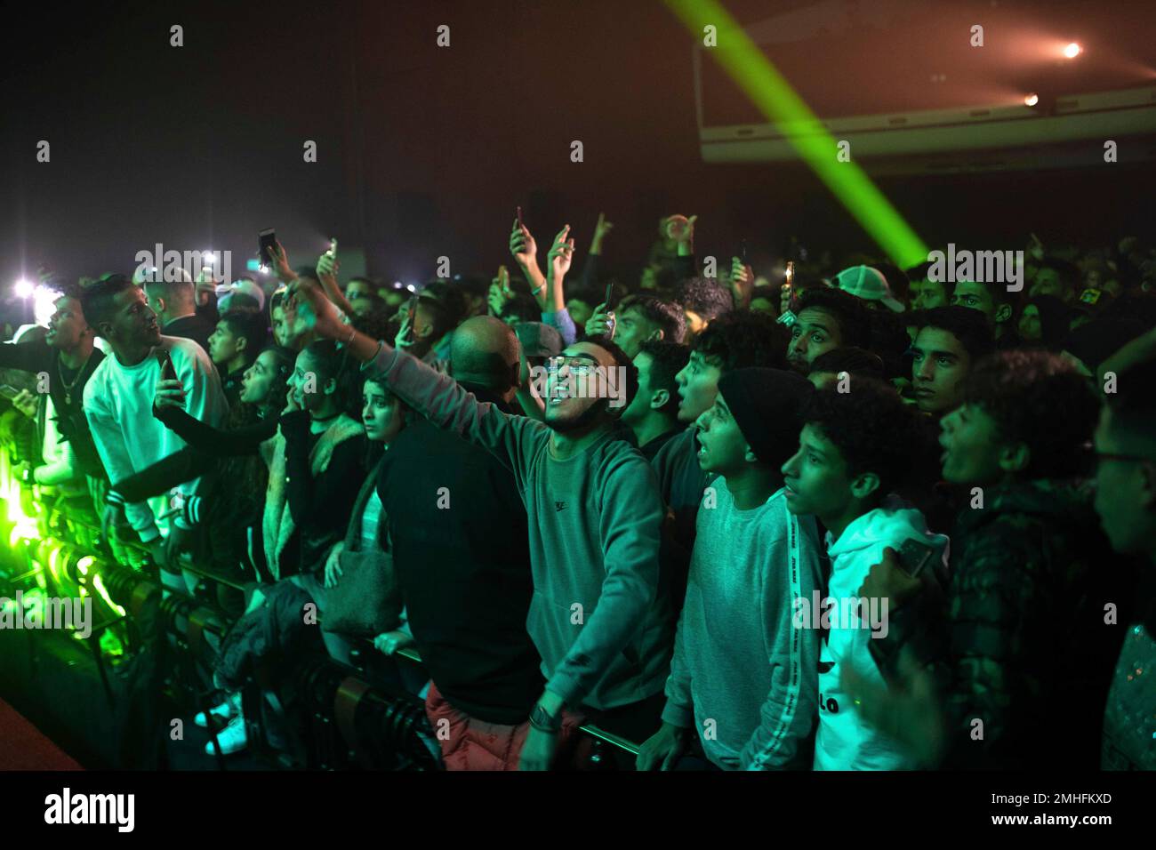 In this Friday, Nov. 22, 2019 photo, rap music fans attend a concert for  Moroccan rappers as part of the Visa for Music festival in Rabat, Morocco.  (AP Photo/Mosa'ab Elshamy Stock Photo -