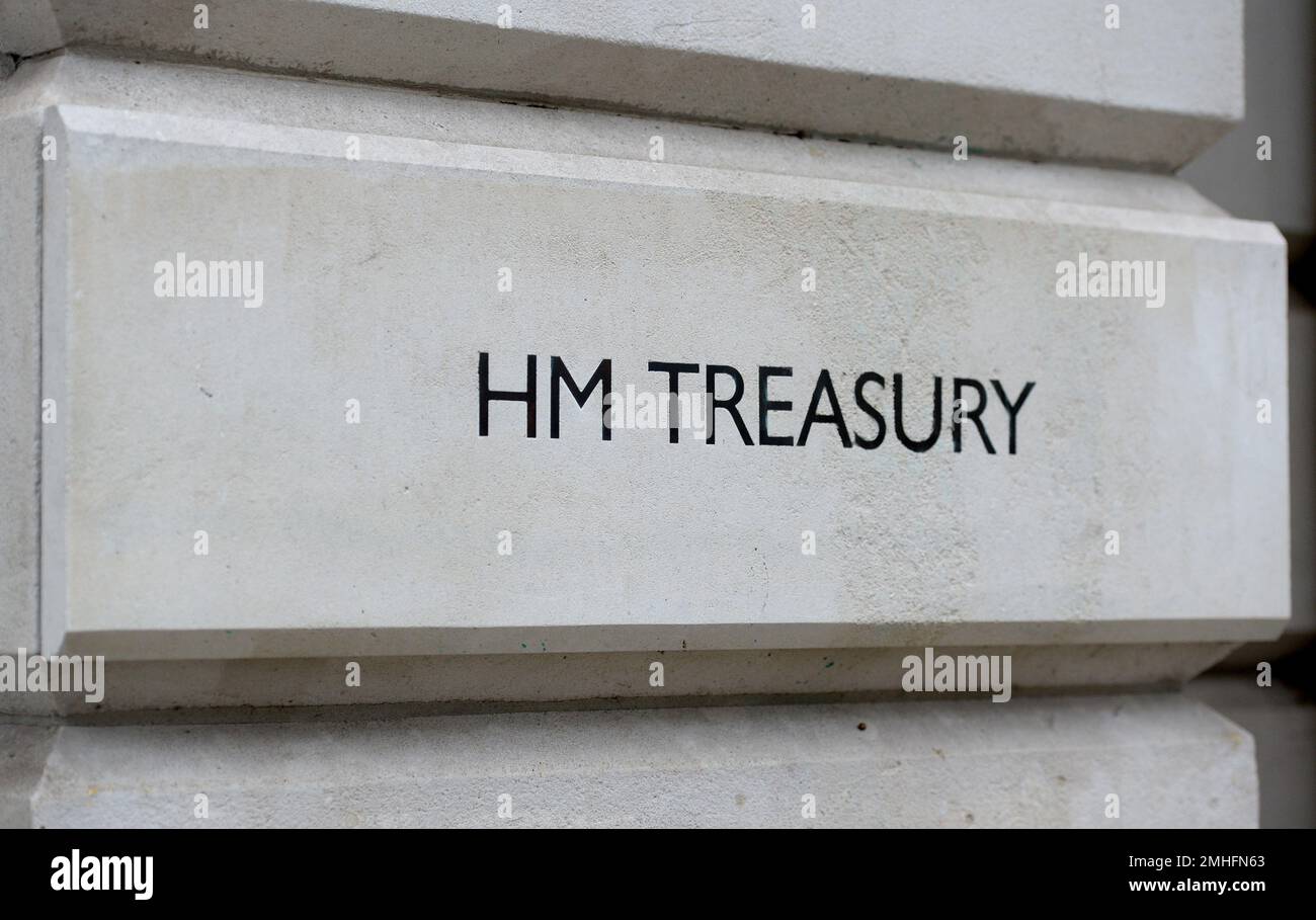 File photo dated 11/01/18 of of signage for HM Treasury in Westminster, London. Alex Gerko, a mathematician who was born in Russia and has spoken out against Vladimir Putin's war in Ukraine, was the UK's biggest taxpayer last year. Stock Photo
