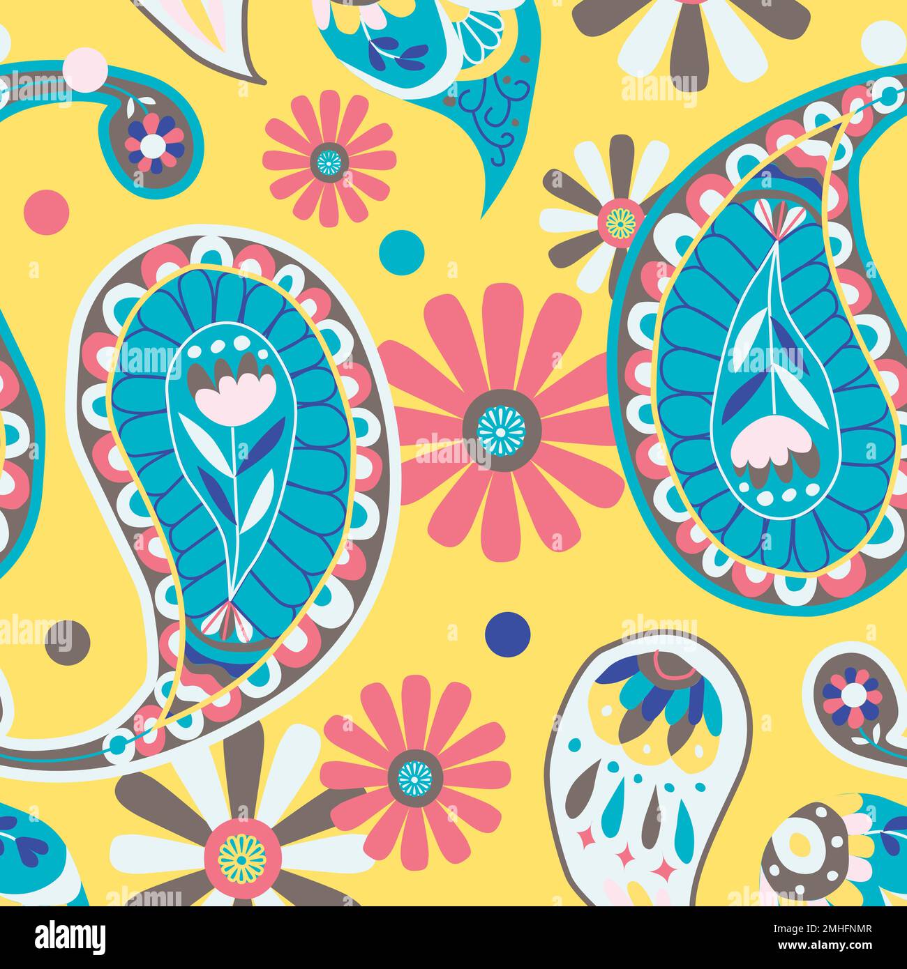 Vibrant yellow Indian vector paisley pattern seamless background Stock Vector