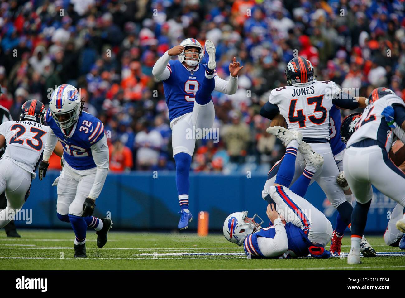 Buffalo Bills punter Corey Bojorquez (9) gets off a kick during