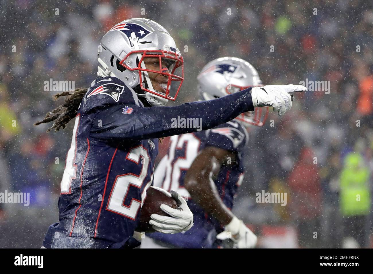 New England Patriots cornerback Stephon Gilmore celebrates his interception  against the Dallas Cowboys in the first half of an NFL football game,  Sunday, Nov. 24, 2019, in Foxborough, Mass. (AP Photo/Steven Senne