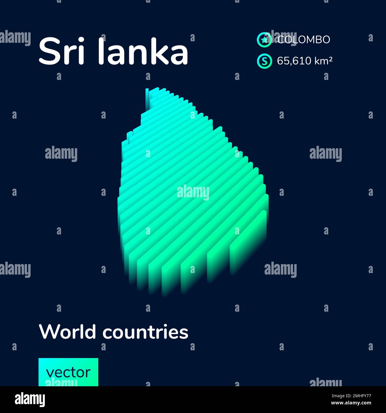 Stylized neon digital isometric striped vector Sri lanka 3D map in green, turquoise and mint colors Stock Vector