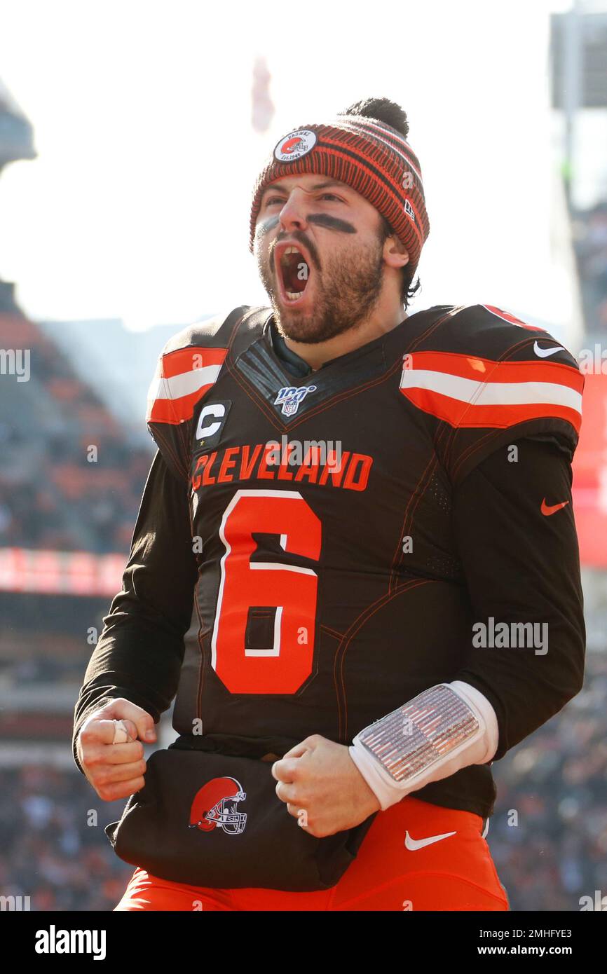 FILE - In this Nov. 24, 2019, file photo, Cleveland Browns quarterback  Baker Mayfield (6) looks to pass in the first quarter of an NFL football  game against the Miami Dolphins in