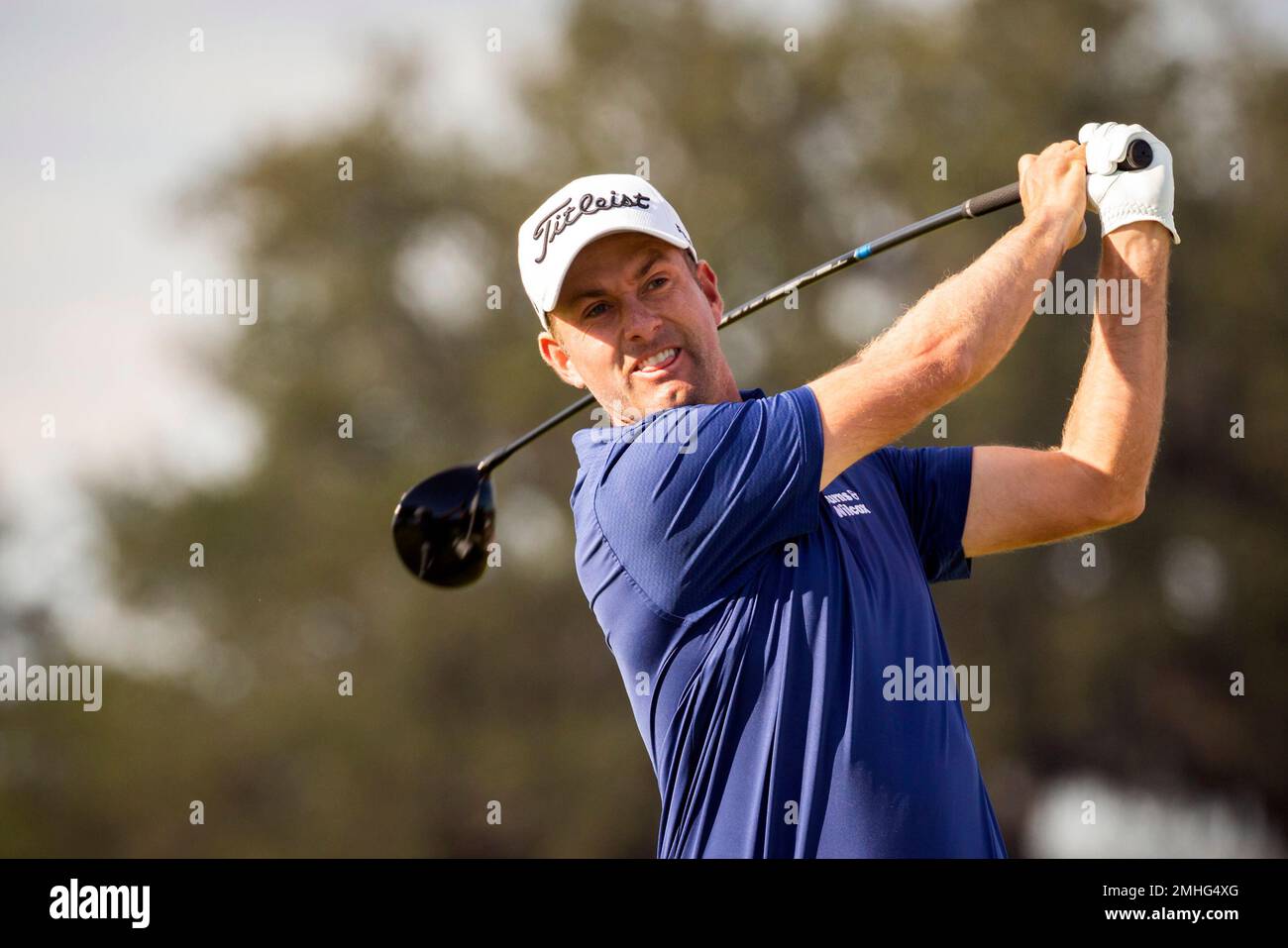 Webb Simpson hits off of the 16th tee during the third round of the RSM Classic golf tournament in St. Simons Island, Ga., Saturday, Nov., 23, 2019
