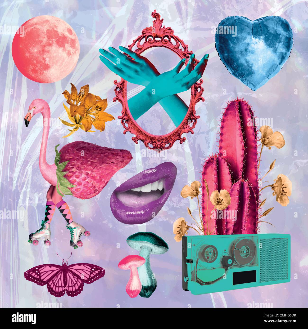 Retro collage illustration element set vector, printable collage mixed