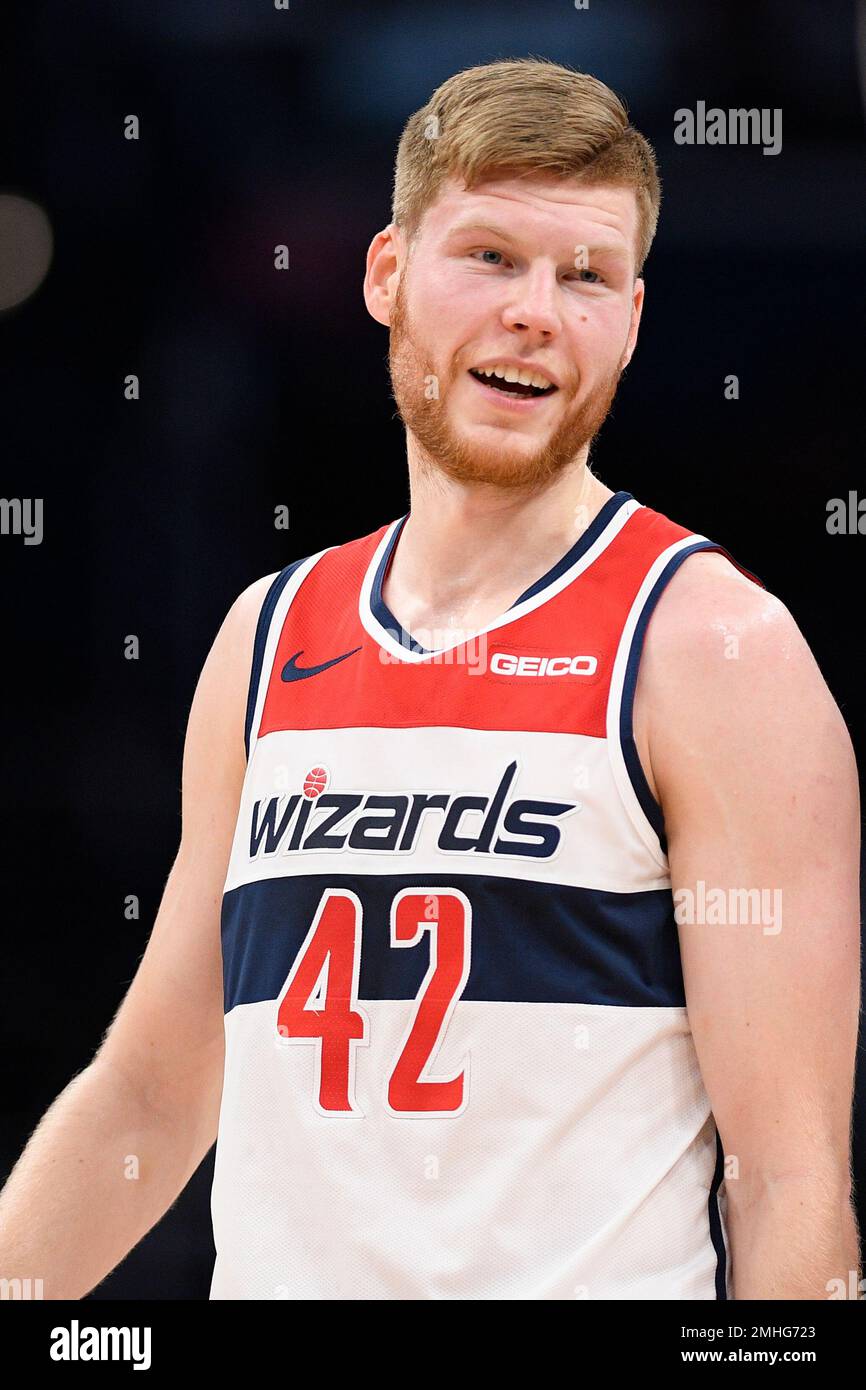 Washington Wizards forward Davis Bertans (42) stands on the court during  the first half of an NBA basketball game against the Charlotte Hornets,  Friday, Nov. 22, 2019, in Washington. (AP Photo/Nick Wass