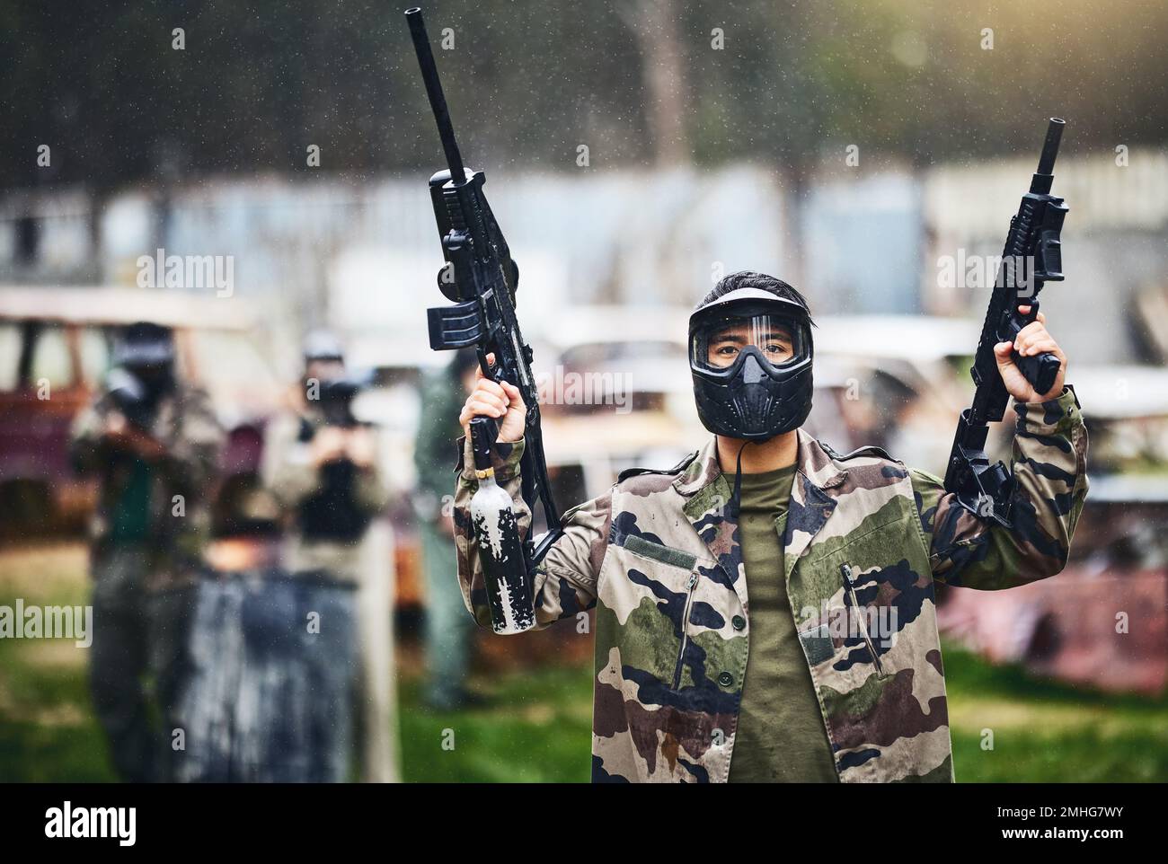 Paintball, gun or man ready for a shooting game with fast action on a