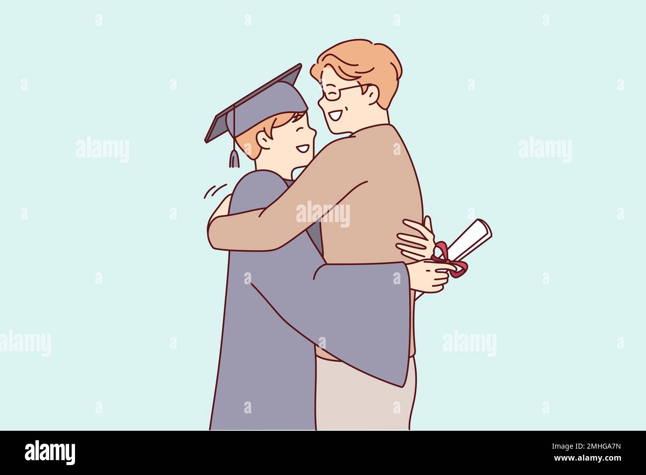 Young guy university graduate in academic robe hugs father after receiving diploma of higher education. Proud man with son during ceremony to mark end of college year. Flat vector illustration Stock Vector