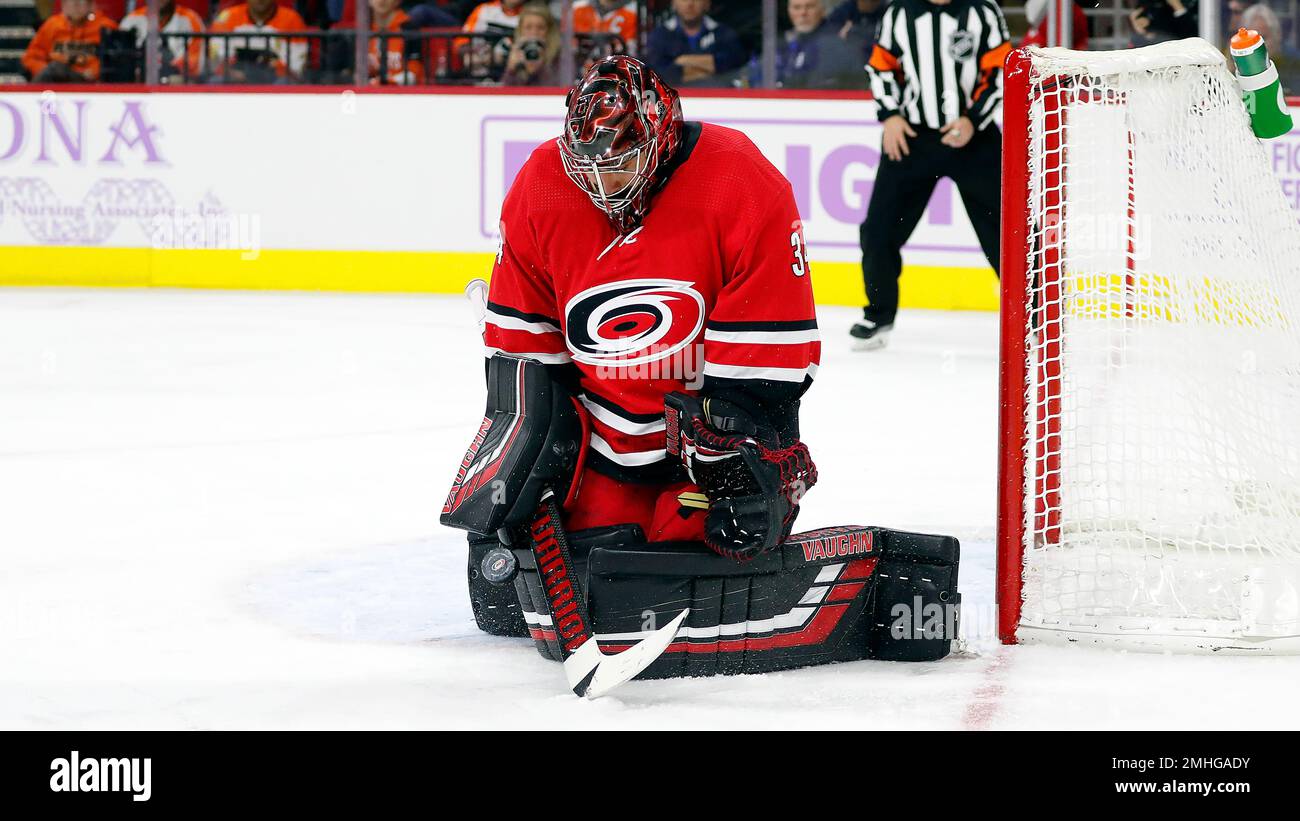 Carolina Hurricanes goaltender Petr Mrazek (34) blocks a shot of the ...