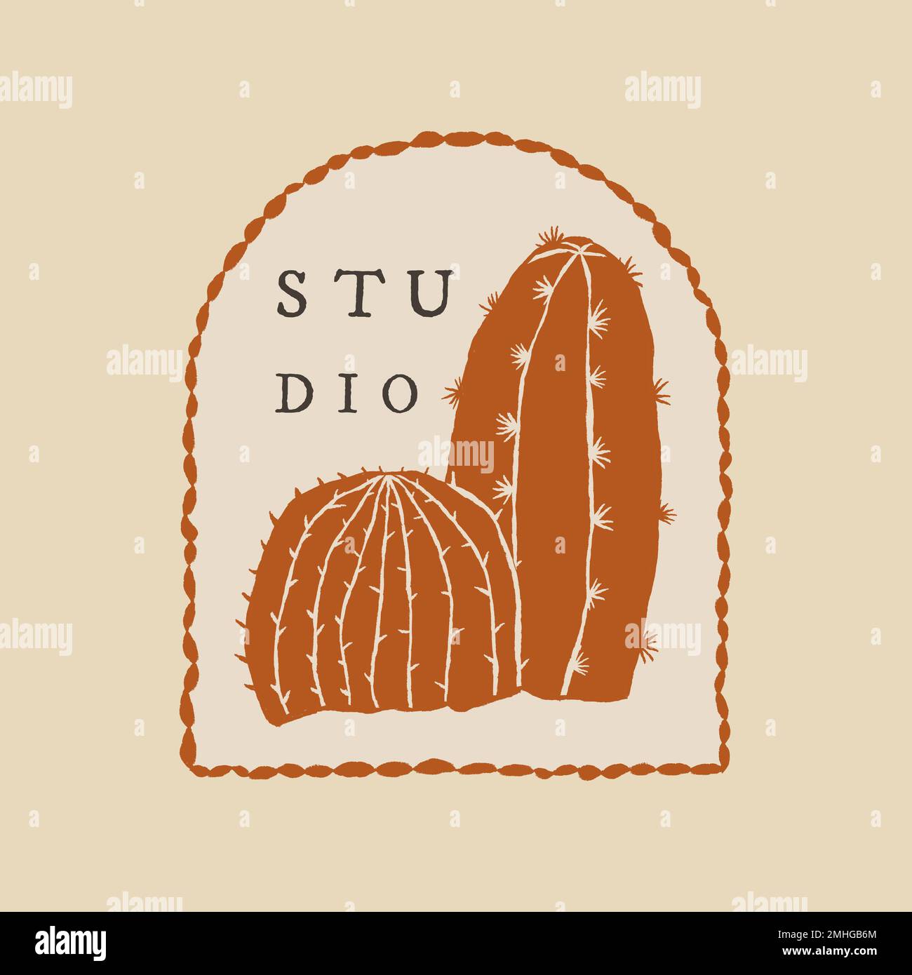 Cute cactus studio logo vector on beige background Stock Vector
