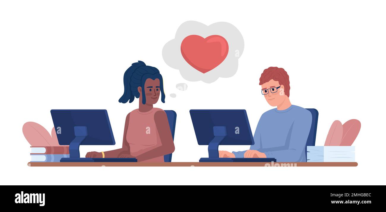 Young woman falling in love with colleague semi flat color vector characters Stock Vector