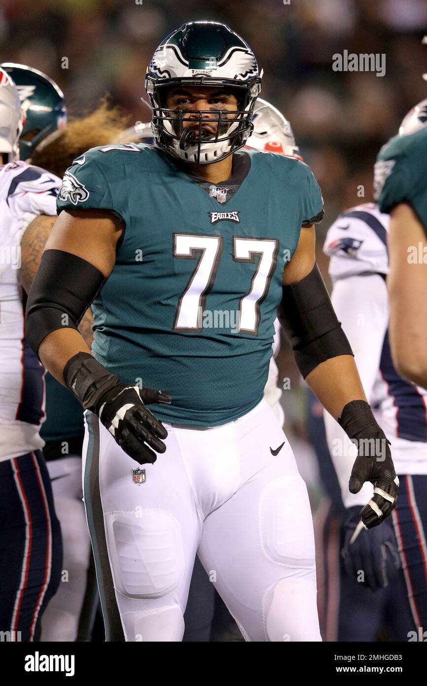 Philadelphia Eagles offensive tackle Andre Dillard (77) in action against  the New England Patriots during an NFL football game, Sunday, Nov. 17,  2019, in Philadelphia. The Patriots defeated the Eagles 17-10. (Brad