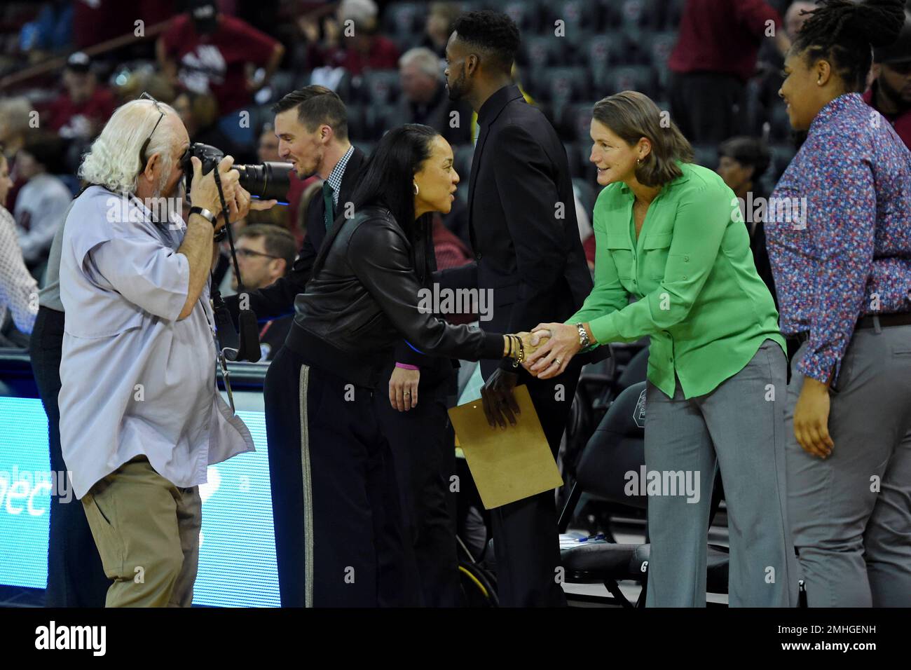 South Carolina head coach Dawn Staley, center, reacts during the first half  of an NCAA college basketball game against South Carolina-Upstate Thursday,  Nov. 21, 2019, in Columbia, S.C. (AP Photo/Richard Shiro Stock