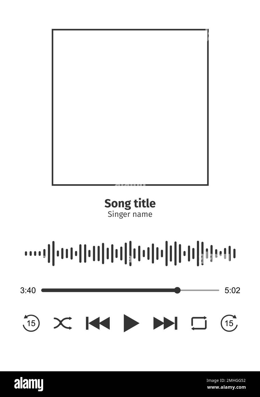 Audio player interface with frame for song cover, sound wave, loading bar with timer and shuffle, rewind, play, fast forward, repeat buttoms. Audio player template. Vector graphic illustration Stock Vector