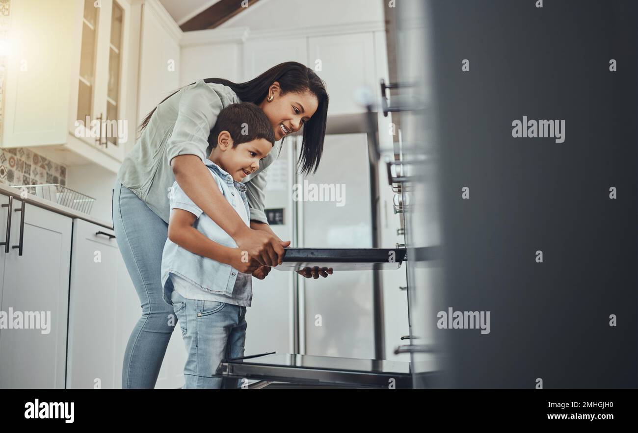 Child Helping In Kitchen Baking, fun and child helping mother with food, cooking and learning by ...