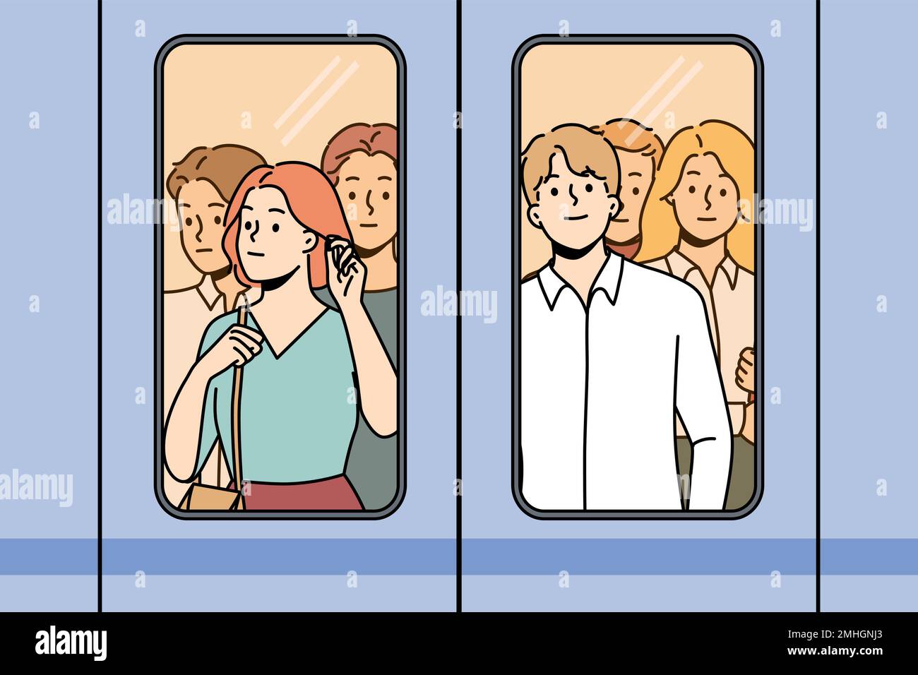 People standing behind glass in metro. Crowd near doors in subway train. Public transportation. Vector illustration.  Stock Vector