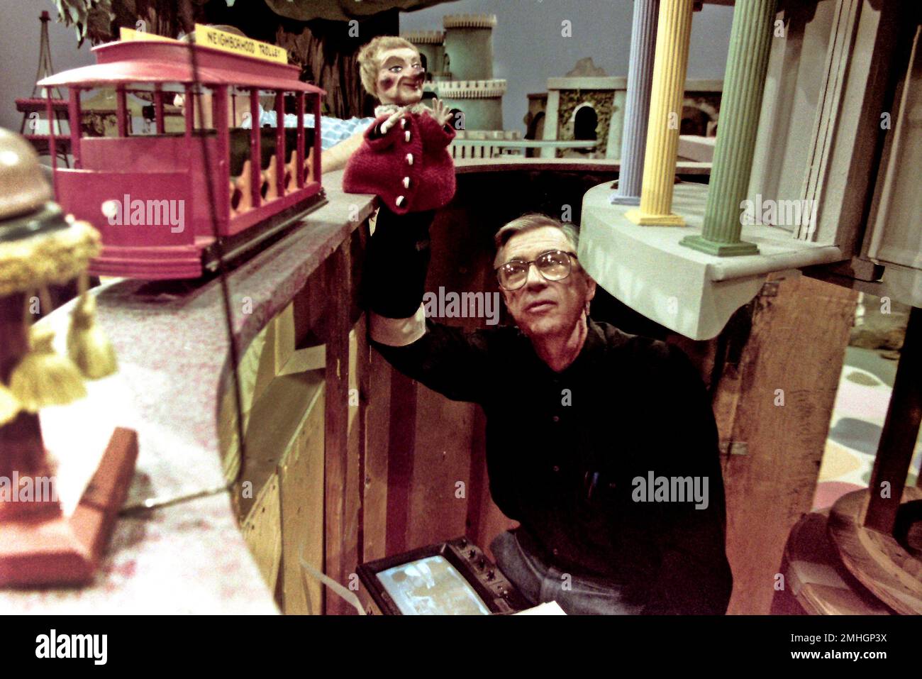 Fred Rogers works with Lady Elaine Fairchilde, one of the puppets
