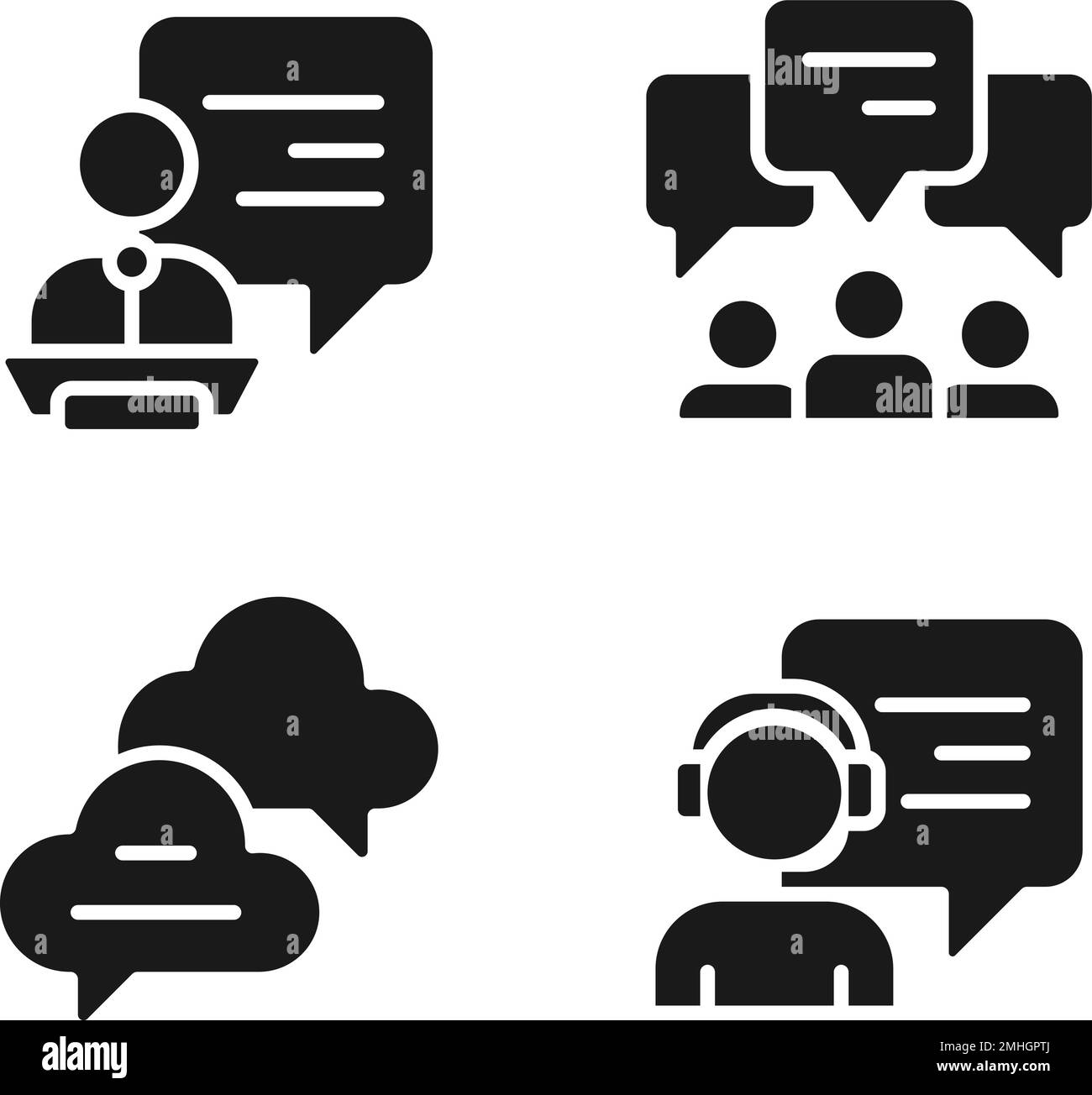 Speech bubbles in different spheres black glyph icons set on white space Stock Vector