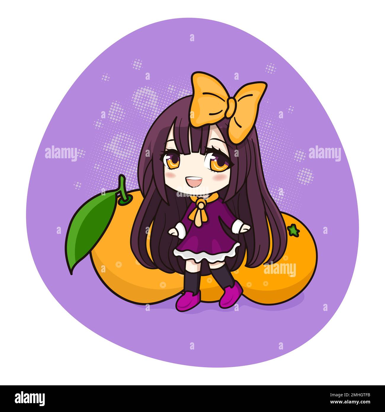 Cute and kawaii anime girl. Chibi with oranges. Stock Vector