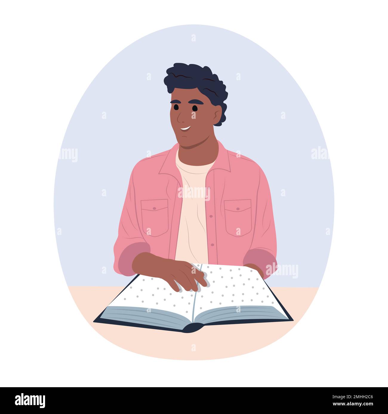 National Reading Day in America. We read together. A young smiling African American man is holding and reading a very interesting book. Stock Vector