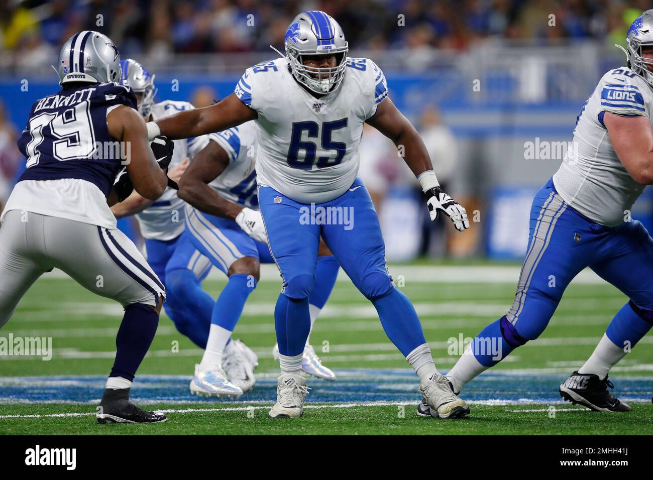 Detroit Lions offensive tackle Tyrell Crosby (65) sets to block against the  Dallas Cowboys during an NFL football game in Detroit, Sunday, Nov. 17,  2019. (Jeff Haynes/AP Images for Panini Stock Photo - Alamy