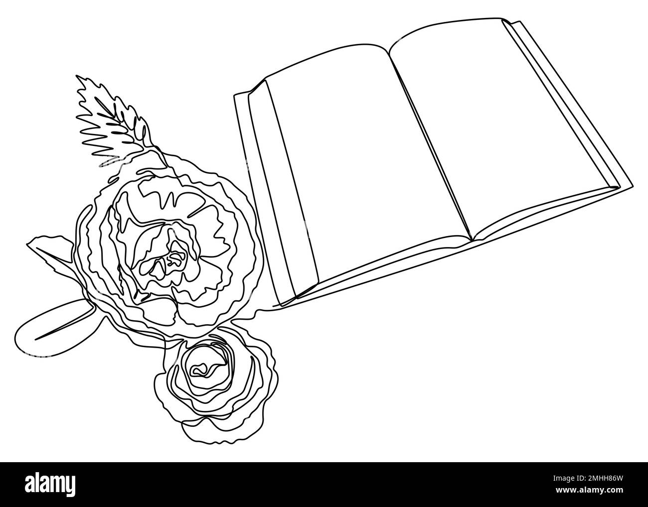 One continuous line of opened Book with Rose. Thin Line Illustration vector concept. Contour Drawing Creative ideas. Stock Vector
