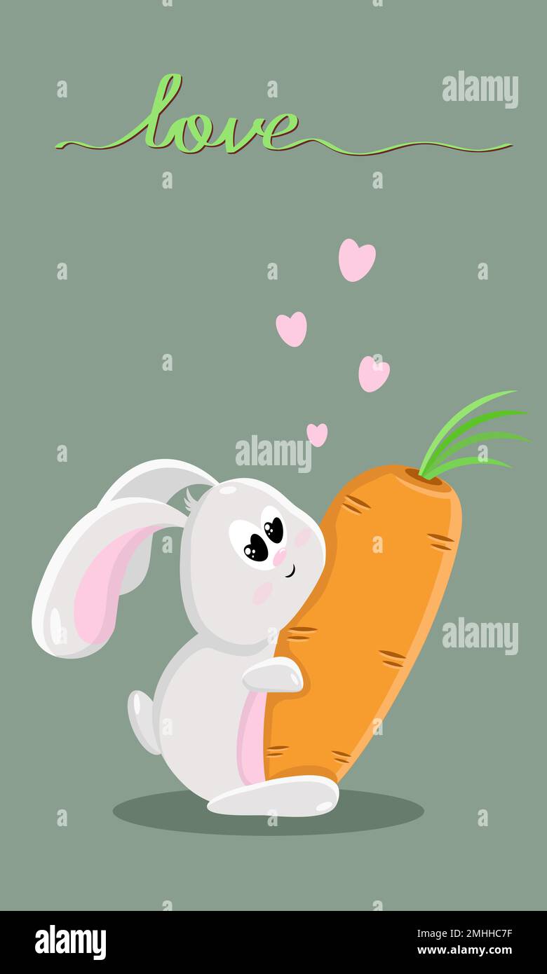A white rabbit hugging a carrot. Hearts and the inscription love . Vertical. Vector. Postcard. Stock Vector