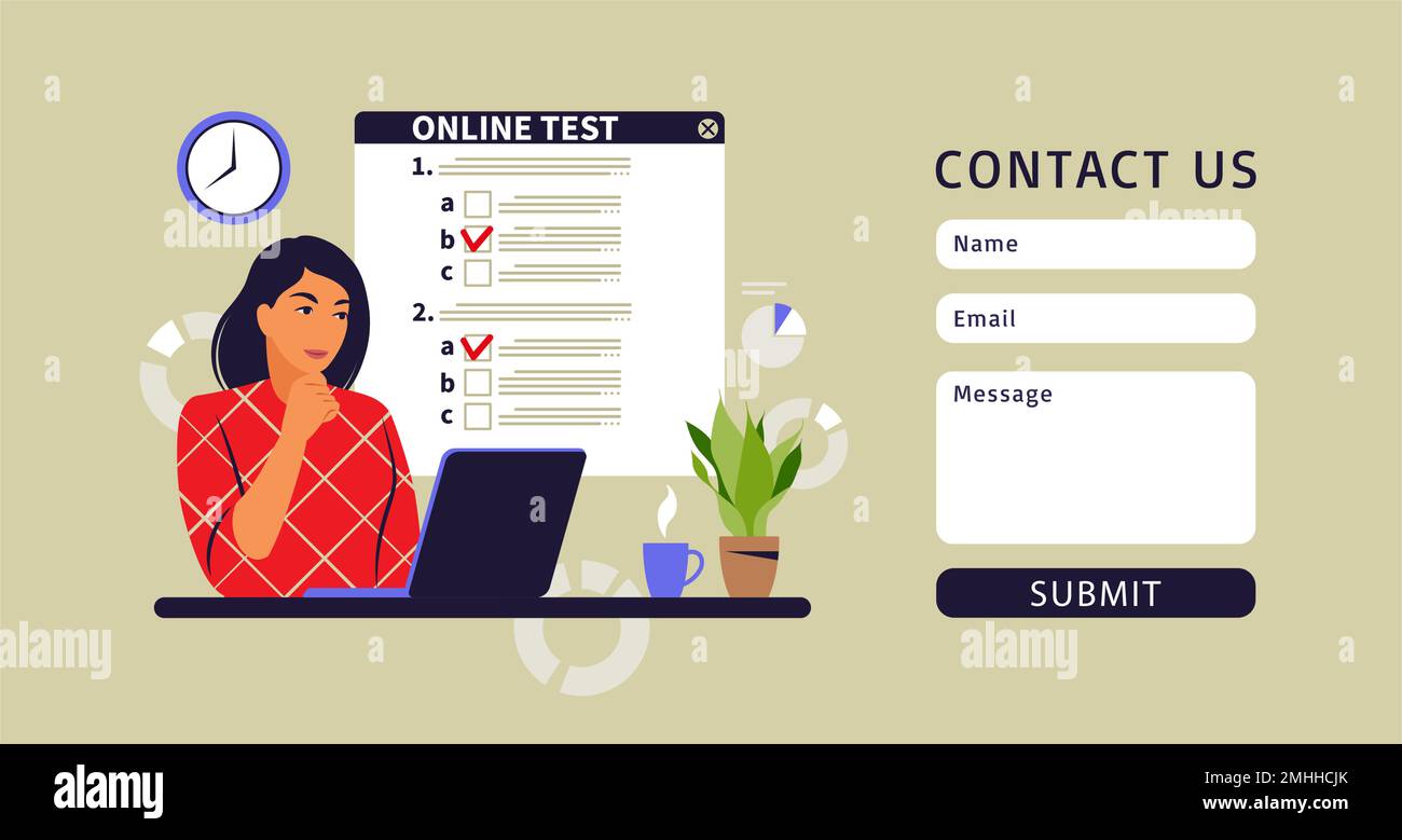 Concept online testing, e-learning, examination on computer. Contact us form. Vector illustration. Flat Stock Vector
