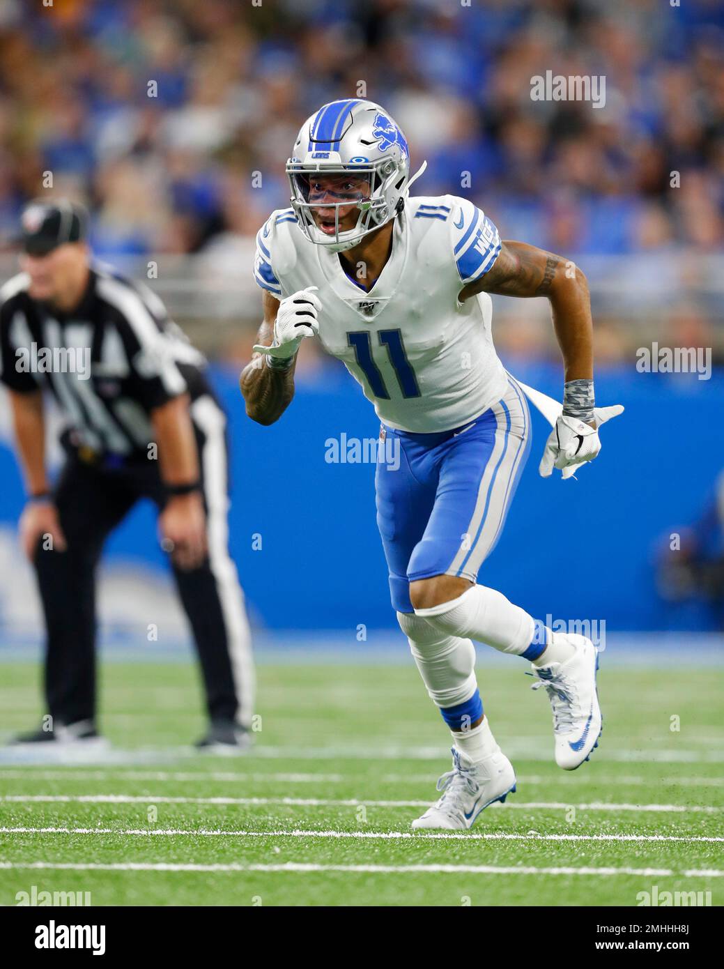 Miami Gardens, Florida, USA. 21st Oct, 2018. Detroit Lions tight end  Michael Roberts (80) is greeted by Detroit Lions wide receiver Marvin Jones  (11) after scoring a touchdown in the third quarter