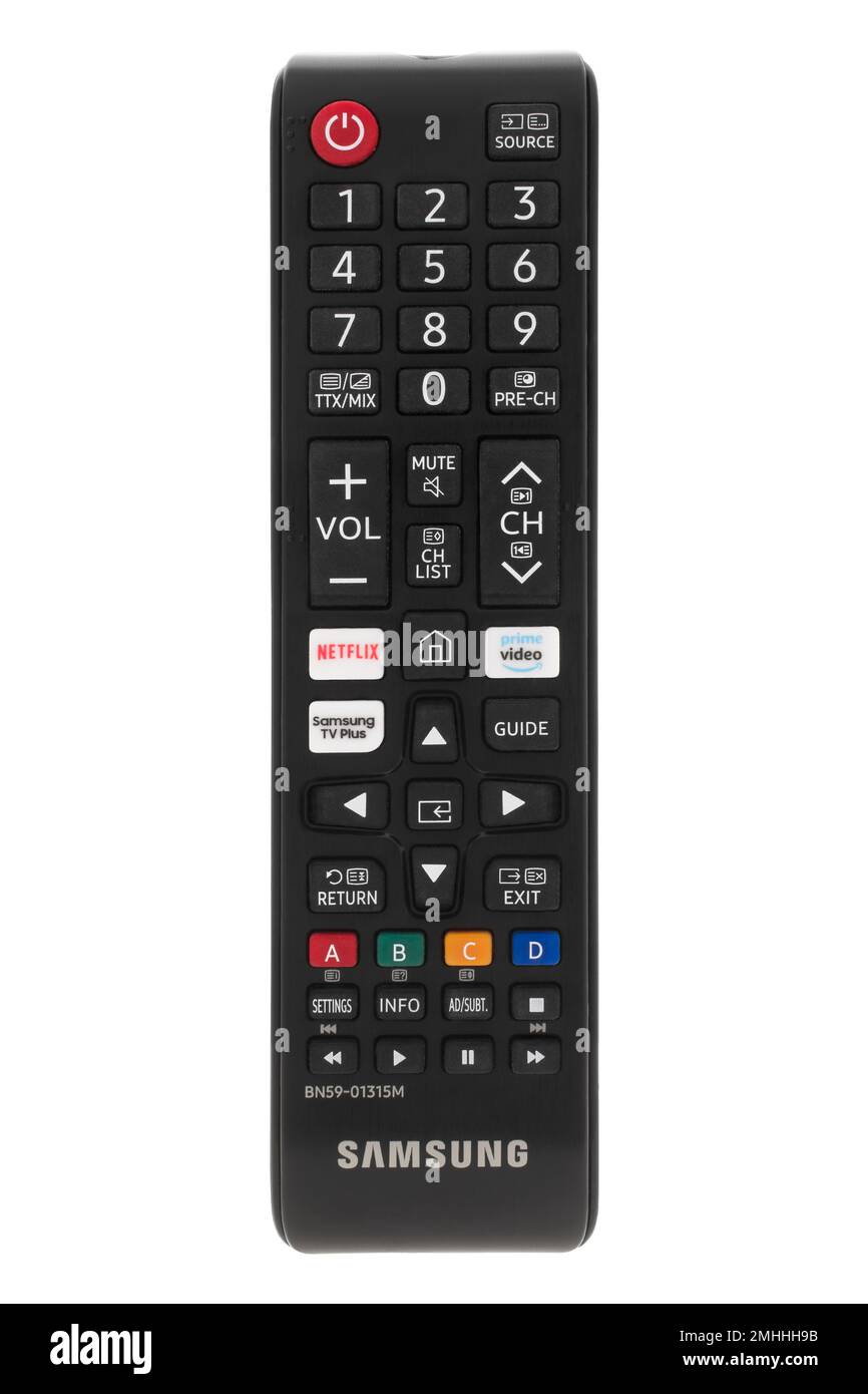 Samsung BN59-01315M smart tv remote control on white background Stock Photo