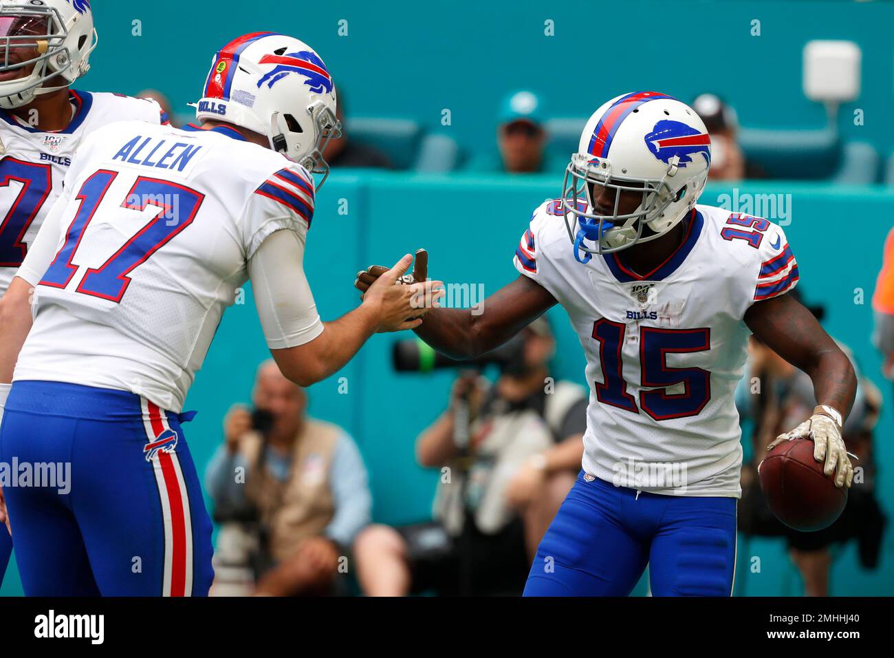 Buffalo Bills quarterback Josh Allen (17) congratulates wide receiver