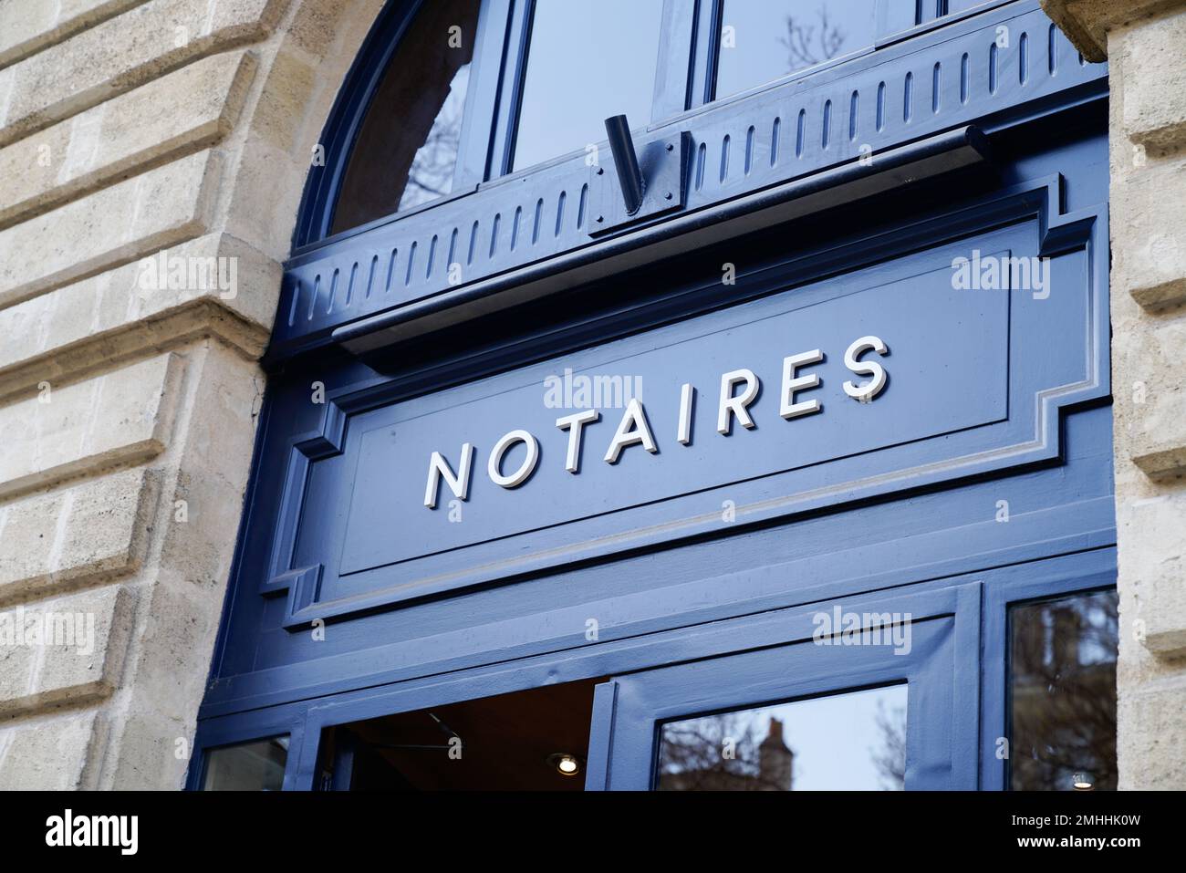 notaires text means notary french sign logo in building office Stock