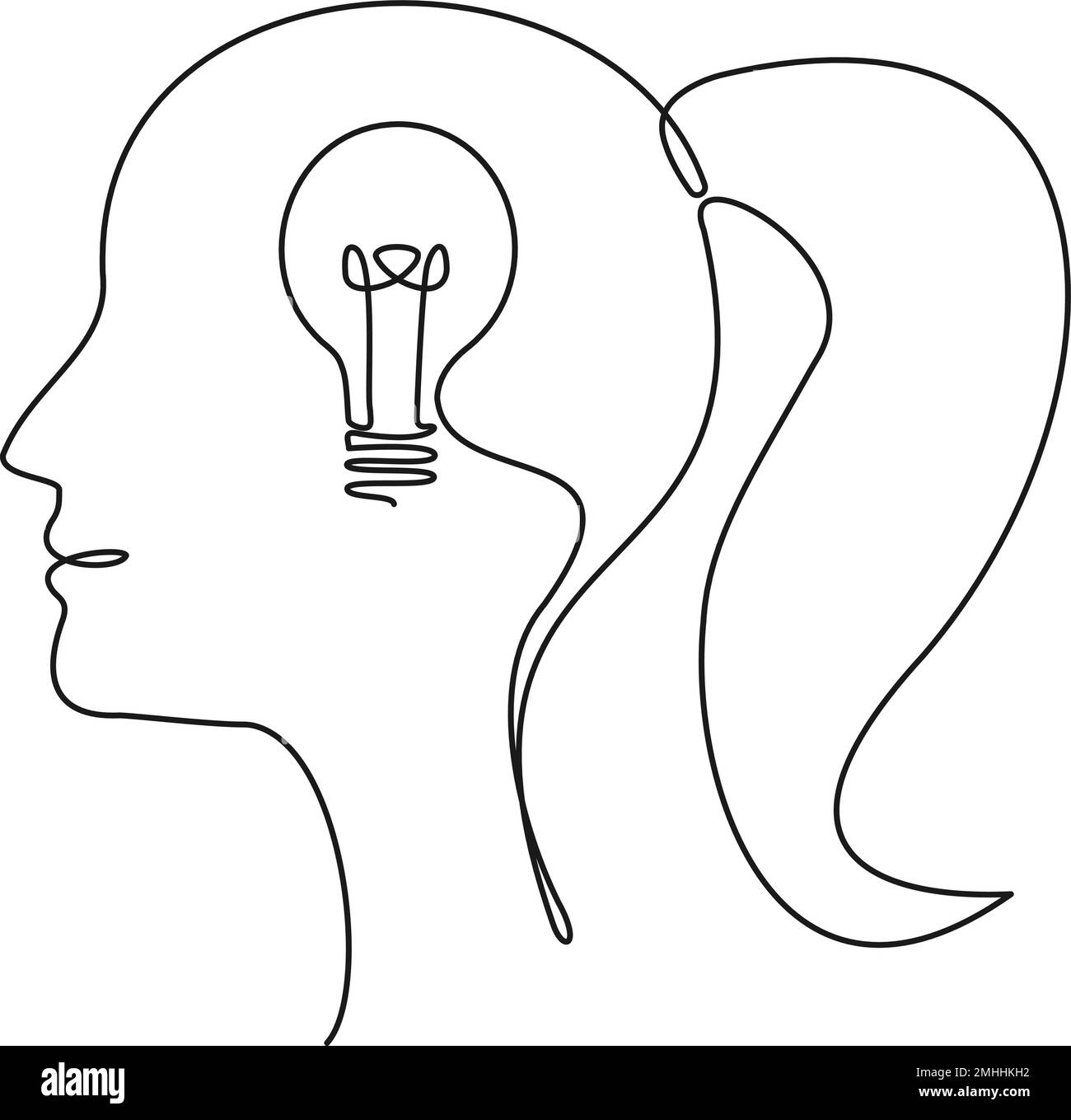 continuous single line drawing of human head with light bulb inside, line art idea and creativity vector illustration Stock Vector