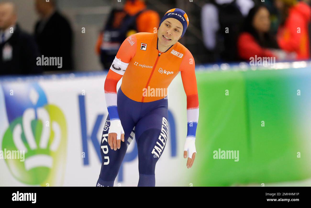 The Netherlands' Marcel Bosker reacts at the end of the men's 1500
