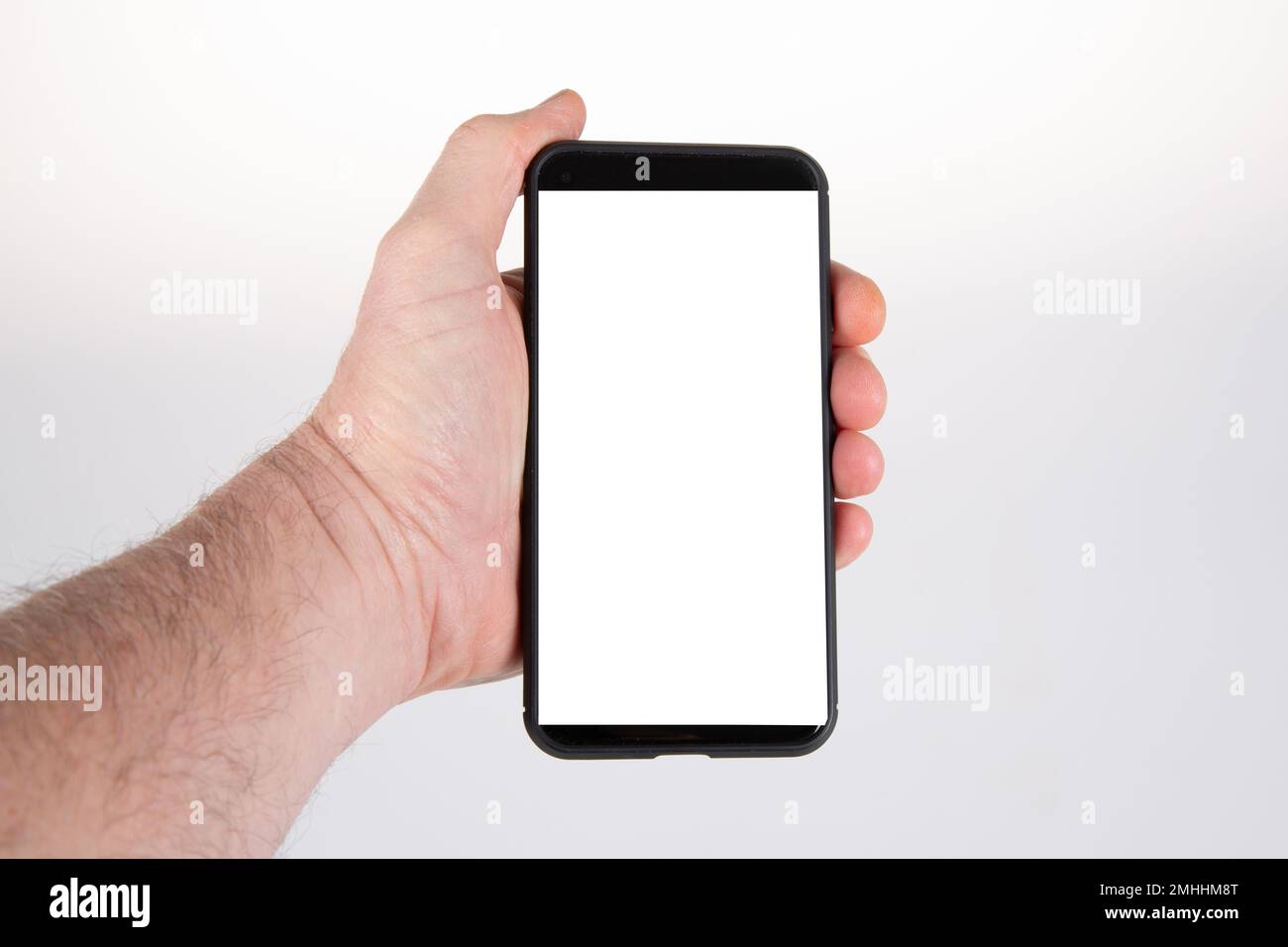 Smartphone in hand man with blank white mockup screen for Infographic ...