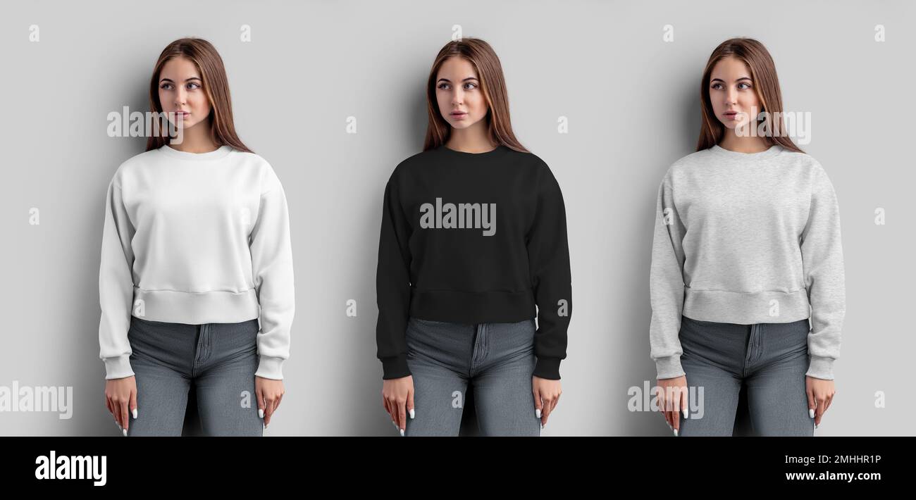 Mockup of white, black, heather crop sweatshirt on a beautiful girl, women's  shirt for design, pattern, print, front view. Template of fashion casual  Stock Photo - Alamy